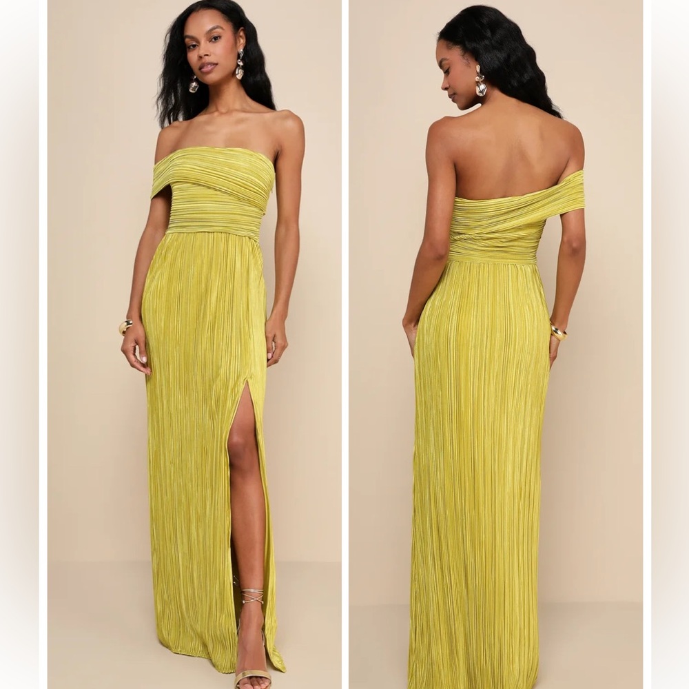 Lulus Poised Performance Chartreuse Plisse One-Shoulder Maxi Dress Size Large